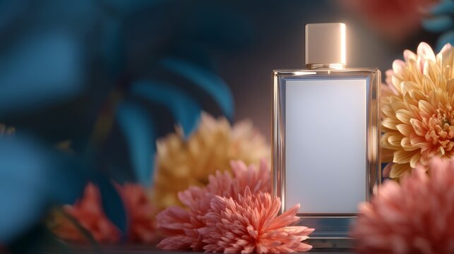 Elegant glass perfume bottle with soft floral background and warm lighting