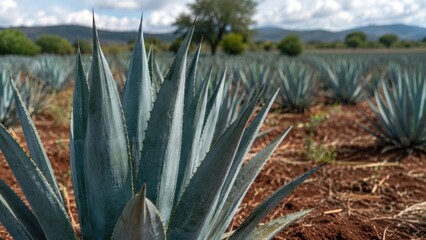 Obraz premium Close-up of a blue agave plant in an expansive cultivated field under a cloudy sky