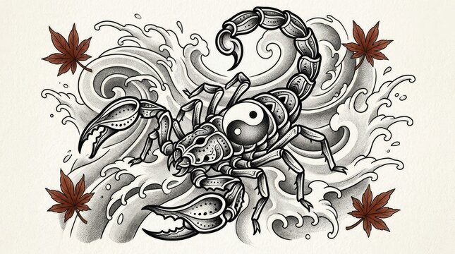 Traditional Japanese Irezumi style scorpion illustration featuring Yin Yang symbol, dynamic ocean waves, and vibrant autumn maple leaves.