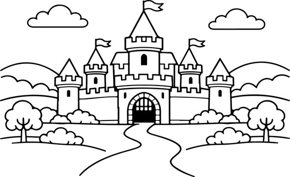 Casa de cuento de hadas, ilustraci&oacute;n de dibujos animados a mano alzada, dibujo lineal, p&aacute;gina para colorear para ni&ntilde;os