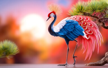 Obraz premium Ornate Crane Symbolizing Longevity in Colorful Zodiac Theme Design
