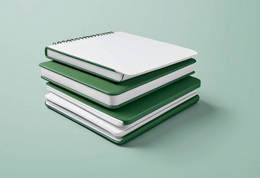Stack of green and white notebooks on a pastel mint background, clean desk stationery