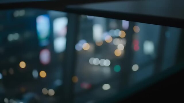 Blurry cityscape view at night through a window with vibrant lights outside