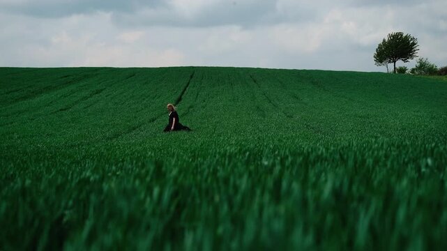 Lone woman in black dress walks slowly through tall green crop field, with soft rippling rows, distant windswept tree, cool overcast light, and quiet rural atmosphere, with woman, field, grass