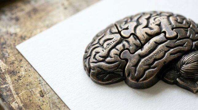 Bronze human brain puzzle model for frontal temporal lobes on white paper surface, for cognitive function, mental health awareness, complex psychological problem solving