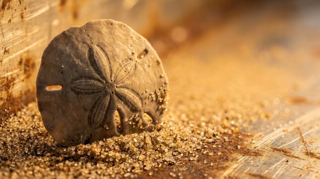 Close up natural sand dollar shell resting on golden beach sand, for serene beauty coastal nature for peaceful essence summer seaside vacation