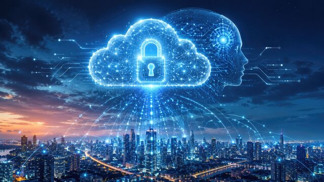 Night city skyline under a glowing secure cloud with lock icon, digital head, and network connections representing AI and cybersecurity