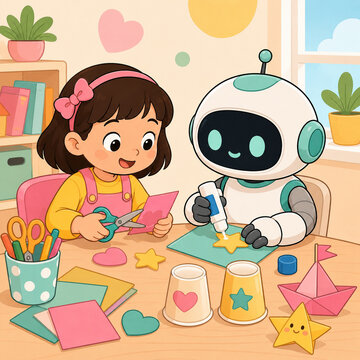 ロボットと子どもが工作遊びを楽しむイラスト