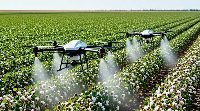 Agricultural drones spray cotton crops with liquid fertilizer mist over large green field. Automated quadcopter machines fly above plants to perform precision farming tasks. Smart tech devices