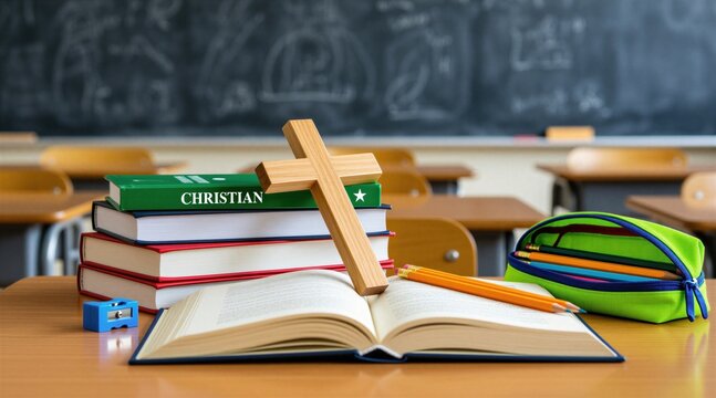 Christian books and wooden cross on school desk. Open book, pencils, and pencil case ready for religious education lesson. Classroom setting with chalkboard.