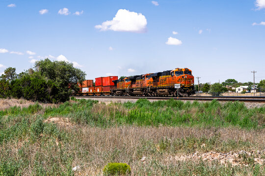 Mountainair Station 7-12-2026 Mountainair NM USAEast Bound BNSF stack train departing Mountainair New Mexico on the BNSF Clovis Sub
