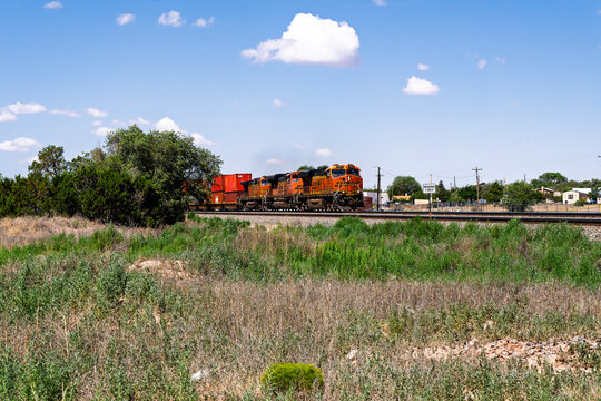 Mountainair Station 7-12-2026 Mountainair NM USAEast Bound BNSF stack train departing Mountainair New Mexico on the BNSF Clovis Sub