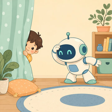 ロボットと子どもがかくれんぼを楽しむイラスト
