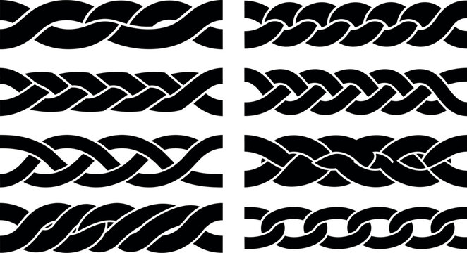 Black silhouette vector art of eight rope and chain styles icon set