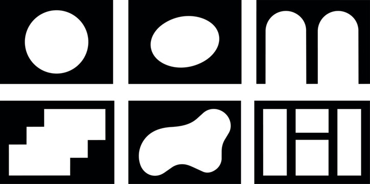 Black and white geometric shapes collection including circle oval m stairs amo hi