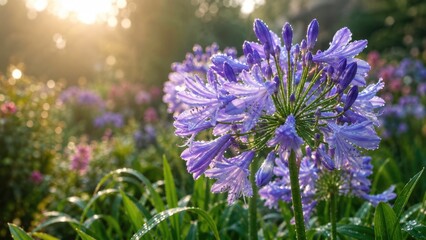 Fototapeta premium Purple agapanthus bloom with dewdrops in a sunlit garden at sunrise