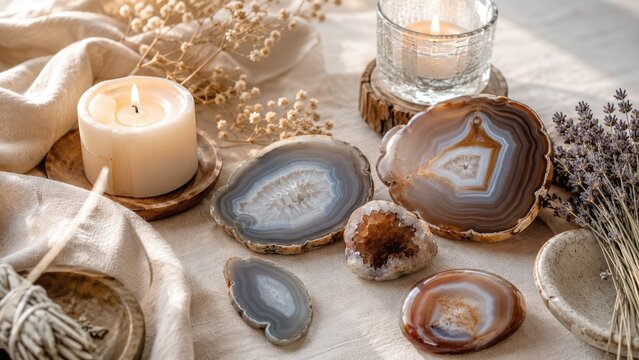 Sunlit arrangement of polished agate slices, a small geode, lit candles and dried flowers on neutral linen for a calming, earthy tabletop display