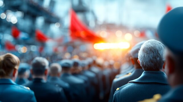 Military Honors Ceremony Concept with Flags and Attendees in Background