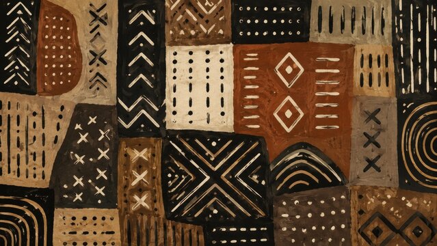 Earth-toned mudcloth patchwork with geometric tribal motifs and hand-painted textile patterns