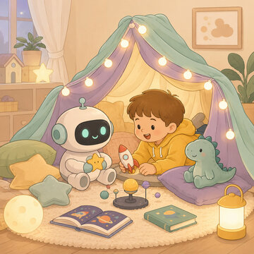 子どもとロボットが室内テントで遊ぶポップイラスト