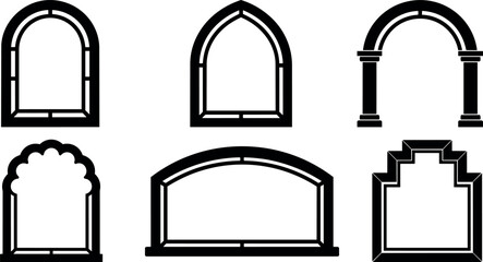 Obraz premium Black and white line art various architectural arch and window shapes vector illustration