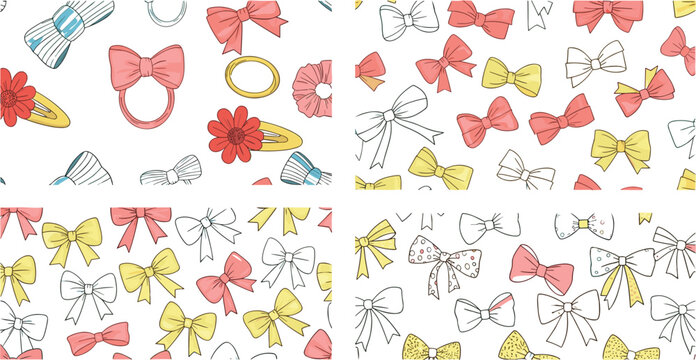 Seamless bow pattern collection featuring hand drawn ribbon designs in pastel colors for fabric wallpaper and cute decorative backgrounds