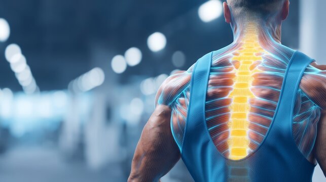 Detailed human spine and muscle anatomy visualization on athletic man back