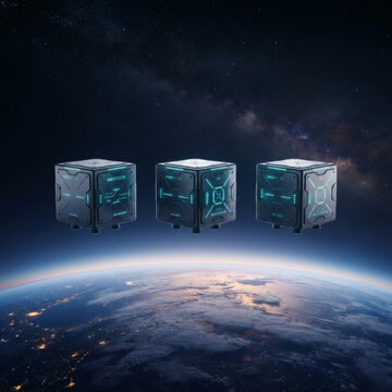 Minimalist architectural view of three sleek, identical metallic cubes drifting neatly in a row against a soft twilight horizon of planet Earth. Glowing cyan telemetry lines blinking on the cubes