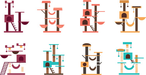 Modern cat tree collection featuring minimalist pet furniture with platforms hammocks ladders and scratching posts in flat vector style isolated background © MstJasmin