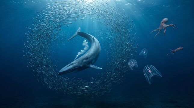Underwater scene with whale, fish school, and jellyfish