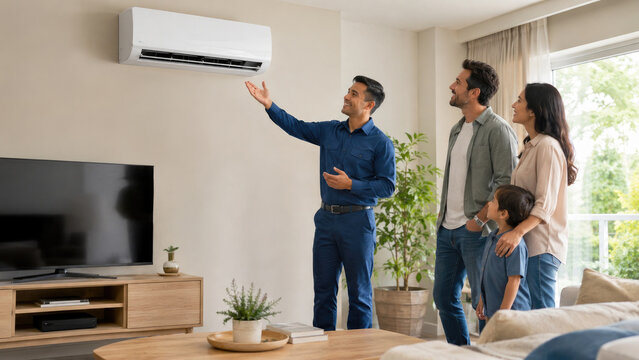 Technician demonstrating a wall-mounted air conditioner to a family in a modern living room