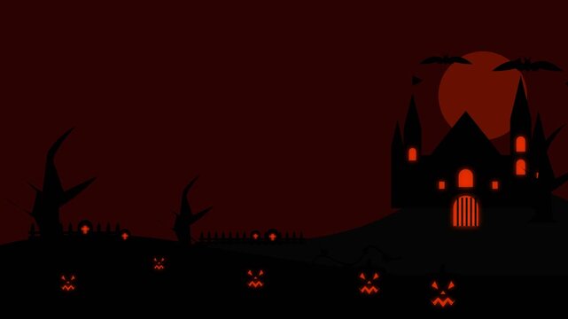 Halloween haunted castle with glowing pumpkins and red moon in dark night