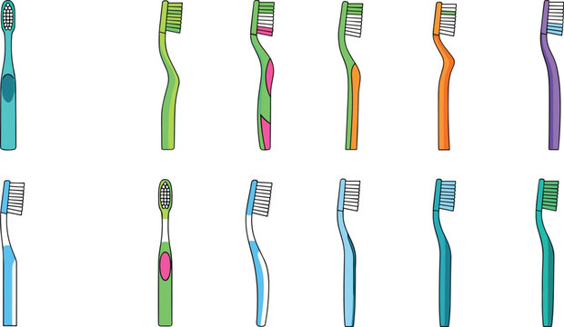 Colorful toothbrush collection featuring various manual dental brushes with different shapes and handles in flat vector illustration isolated background