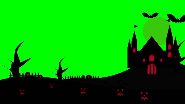 Halloween haunted castle silhouette with spooky moon and flying bats