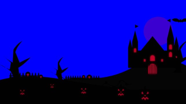 Halloween haunted castle with glowing red eyes and flying bats at night