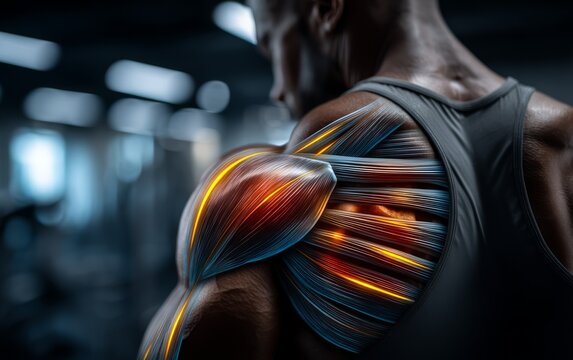 Close-up Visualization of Shoulder Muscle Anatomy with Digital Highlighting in Gym