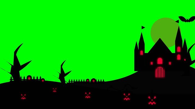 Halloween haunted castle silhouette with spooky trees and bats on green screen
