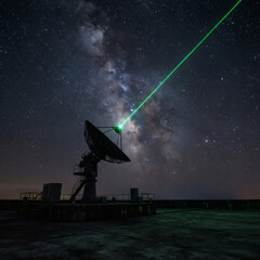 Naklejka premium A clean silhouette of a modern satellite dish on a concrete surface, pointing towards a starry night sky. A bright, thin green laser line shooting from the dish up into space, ground station 