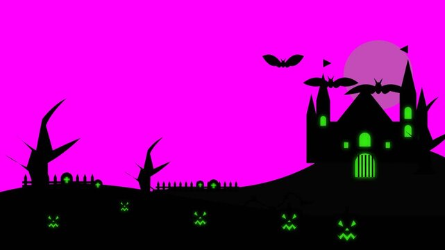 Halloween haunted castle silhouette with bats and glowing green pumpkins