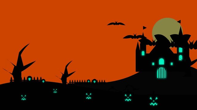 Halloween haunted castle with glowing pumpkins and flying bats at night