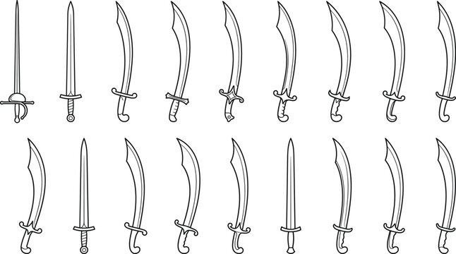 Hand Drawn Curved Sword Collection Outline Vector Set of Medieval Sabers and Scimitars