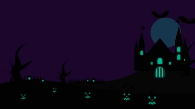 Halloween haunted castle with glowing pumpkins and full moon in dark night sky