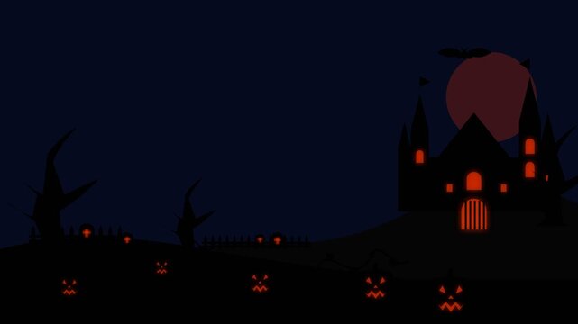 Halloween haunted castle with glowing pumpkins and red moon in night sky