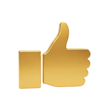 3d render of a golden thumbs up icon isolated on transparent background, representing like, approval, success, and positive feedback