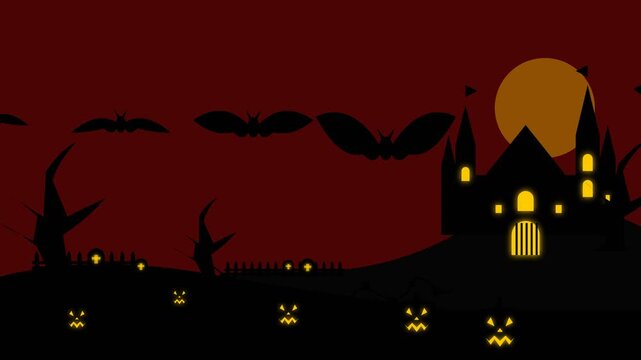 Halloween haunted castle with glowing pumpkins and flying bats at night