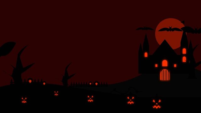 Halloween haunted castle with glowing pumpkins and red moon in dark night