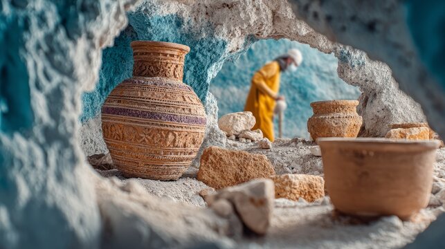 Intricately Carved Ancient Clay Vessel Inside Cave Archaeological Site