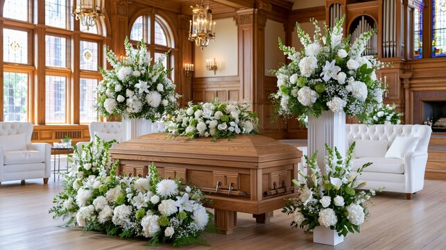 Elegant funeral service with casket and floral arrangements in a bright hall during daytime Generative AI