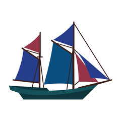 Sailing ship with blue and maroon sails, nautical vessel for sea voyage, maritime transport concept © babe