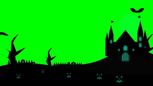 Halloween haunted castle silhouette with flying bats and glowing pumpkin faces